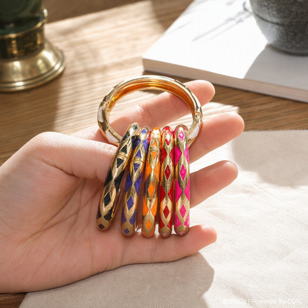 This golden bracelet with colored glaze and geometric patterns is a fashionable, versatile and simple jewelry accessory. It is a trendy gift for women details Picture
