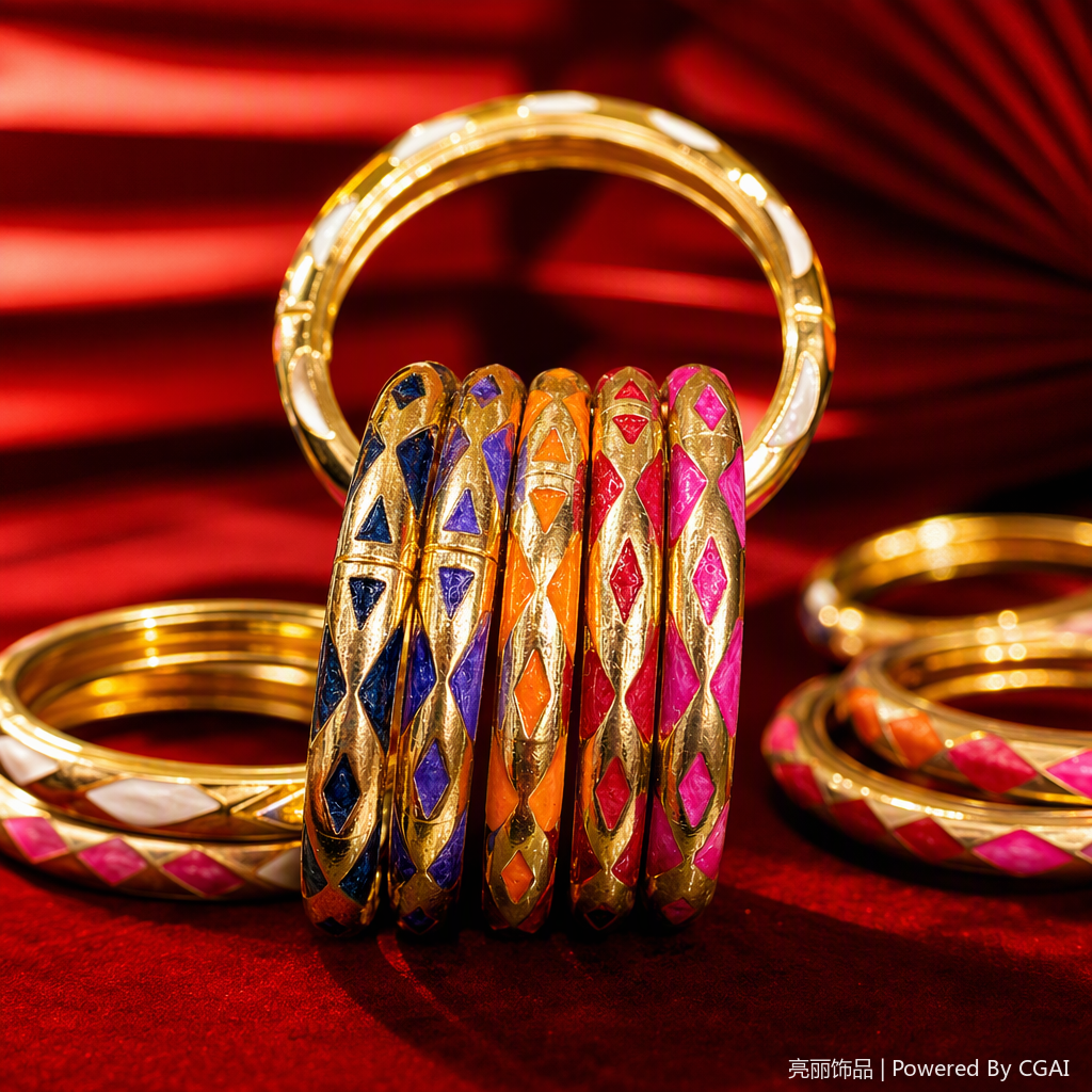 This golden bracelet with colored glaze and geometric patterns is a fashionable, versatile and simple jewelry accessory. It is a trendy gift for women Specification image
