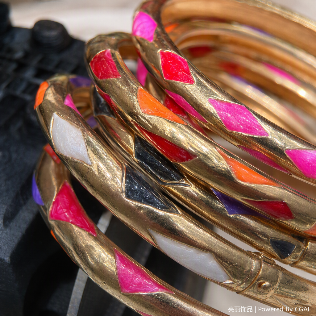 This golden bracelet with colored glaze and geometric patterns is a fashionable, versatile and simple jewelry accessory. It is a trendy gift for women Application Scenario