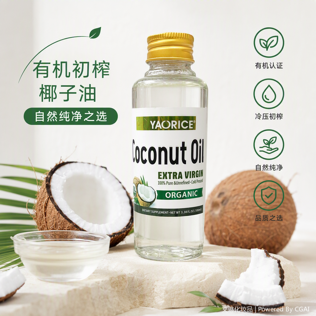 High-quality organic coconut oil in a transparent glass bottle with a golden cap, suitable for skin care, natural and pure
