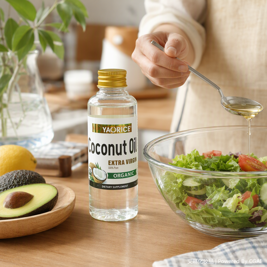 Aceite de coco orgánico de alta calidad botella de vidrio transparente embalaje tapa de oro cuidado de la piel aplicable natural y puro details Picture