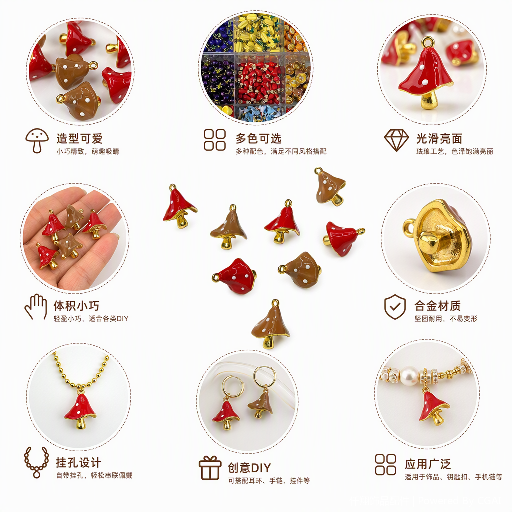 A creative design of a fashionable gift with a white heart-shaped tray decorated with red, brown and white mushroom pendants