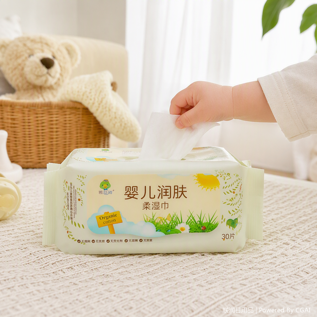 白色包装袋+婴儿润肤柔湿巾产品图