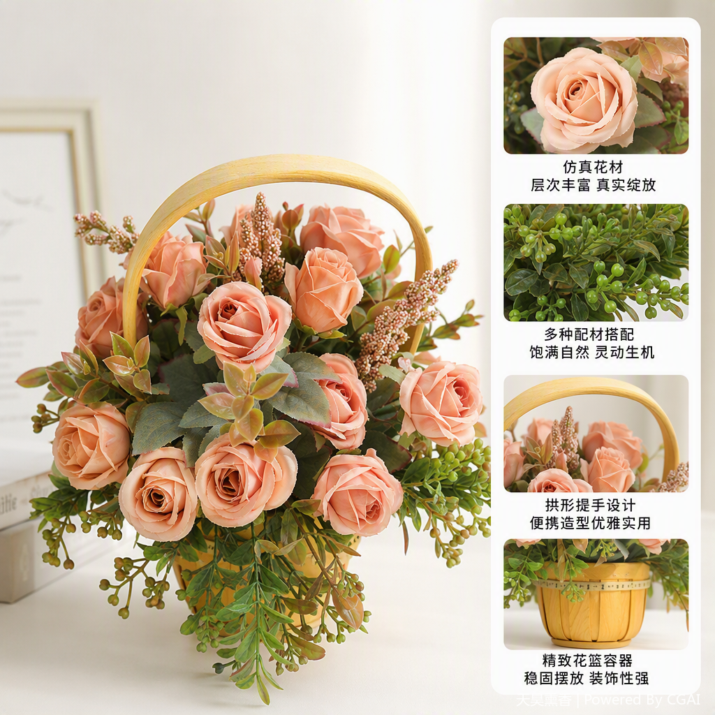 Pink rose basket romantic flower gift box for Valentine's Day and birthday, warm hand-held bouquet decoration for your girlfriend