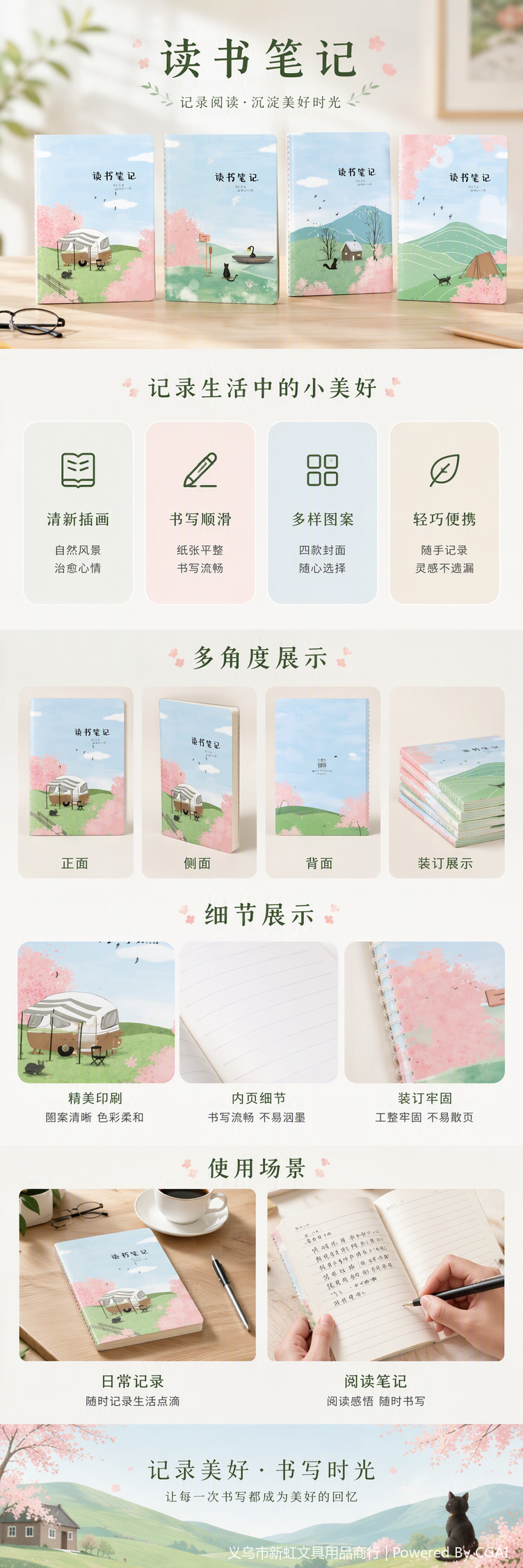 The notebook cover in a color illustration style features pink cherry blossoms, green hills, warm and natural elements, a wooden background, green plants, newspaper corners, black-framed glasses, and colorful pencil decorations pic 1