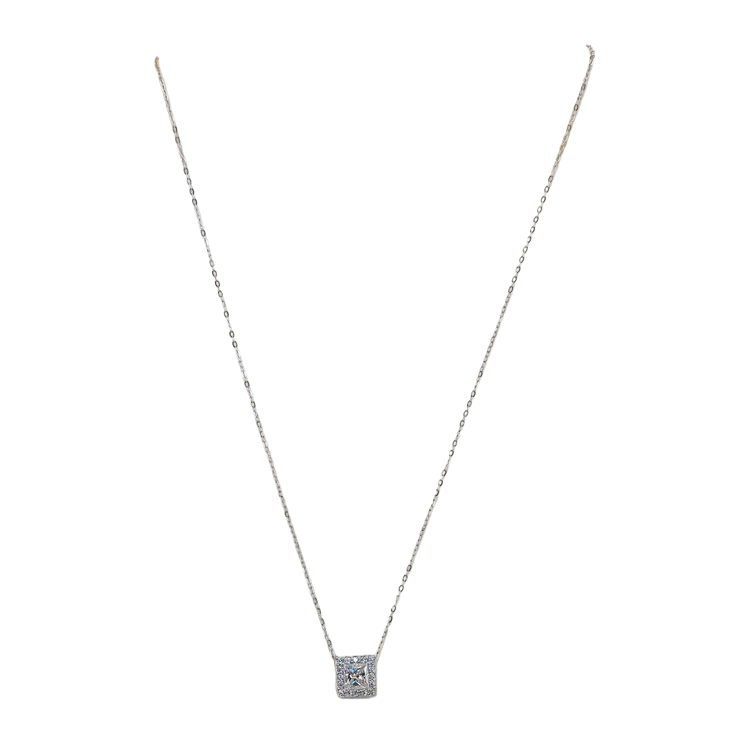 A fashionable silver necklace with a square diamond-encrusted pendant, a simple and versatile women's accessory, a trendy style Item Picture