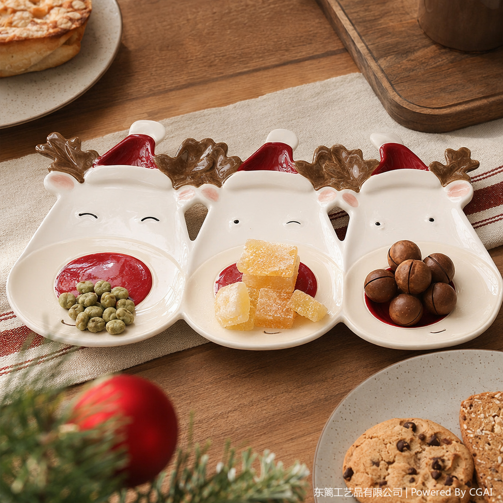 White ceramic reindeer shaped multi-compartment plate creative tableware, home decoration storage plate, gift to be given details Picture