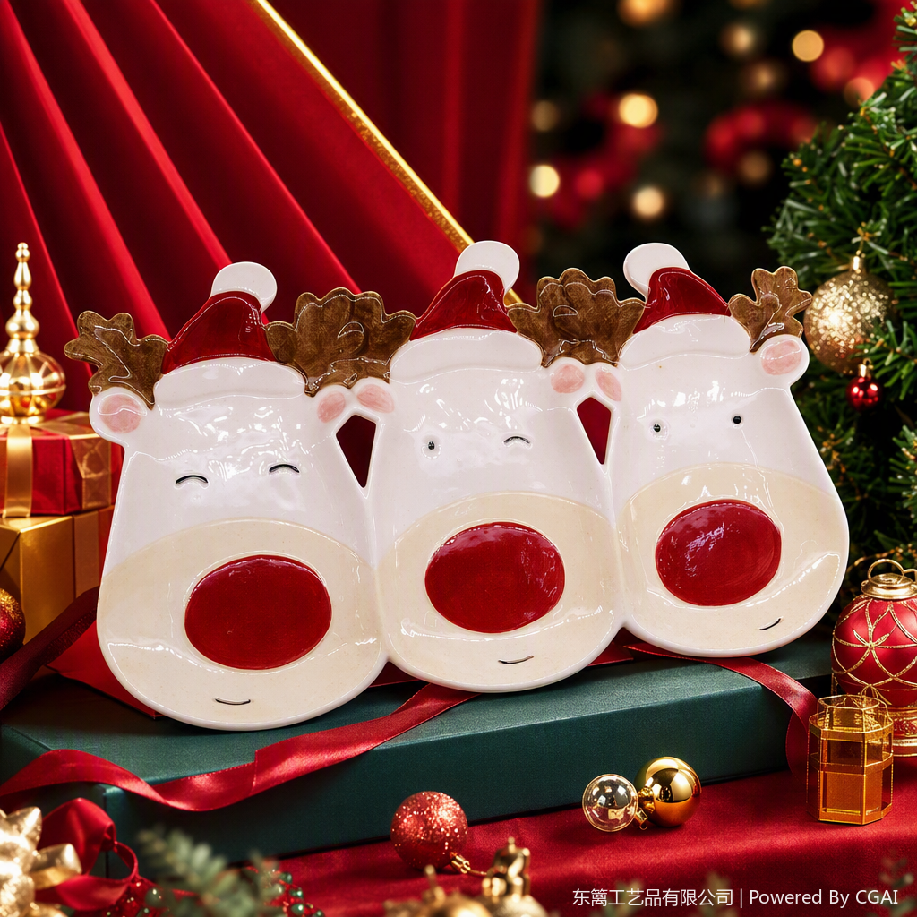 White ceramic reindeer shaped multi-compartment plate creative tableware, home decoration storage plate, gift to be given Specification image