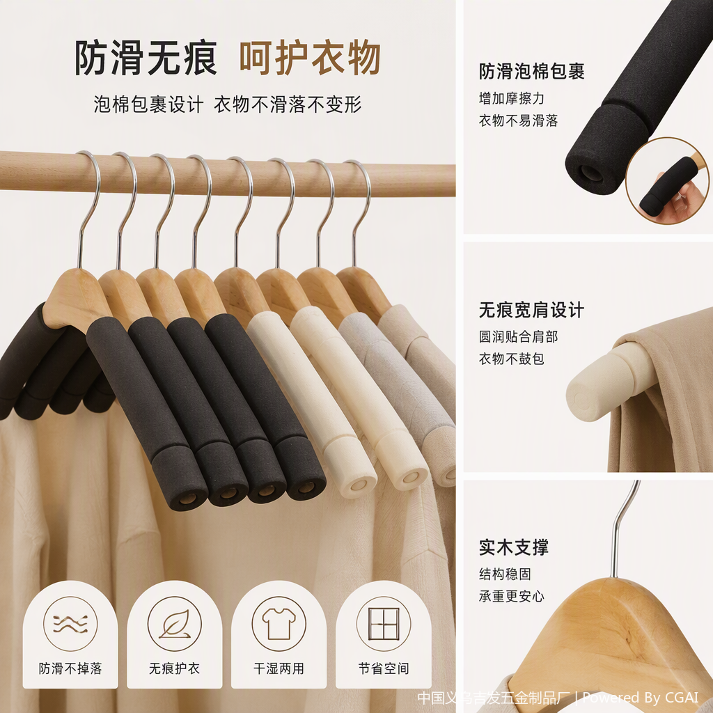 实木衣架防滑套加粗海绵套装衣柜挂衣架衣服夹子防滑防变形