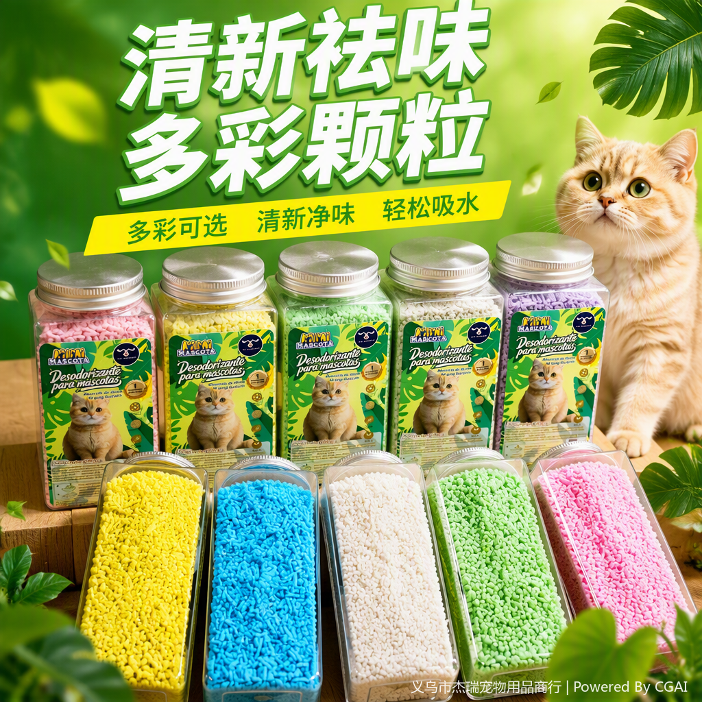 Colorful cat litter bottles, pet cat supplies, deodorizing, dust-proof, environmentally friendly and durable, essential for family pets Specification image