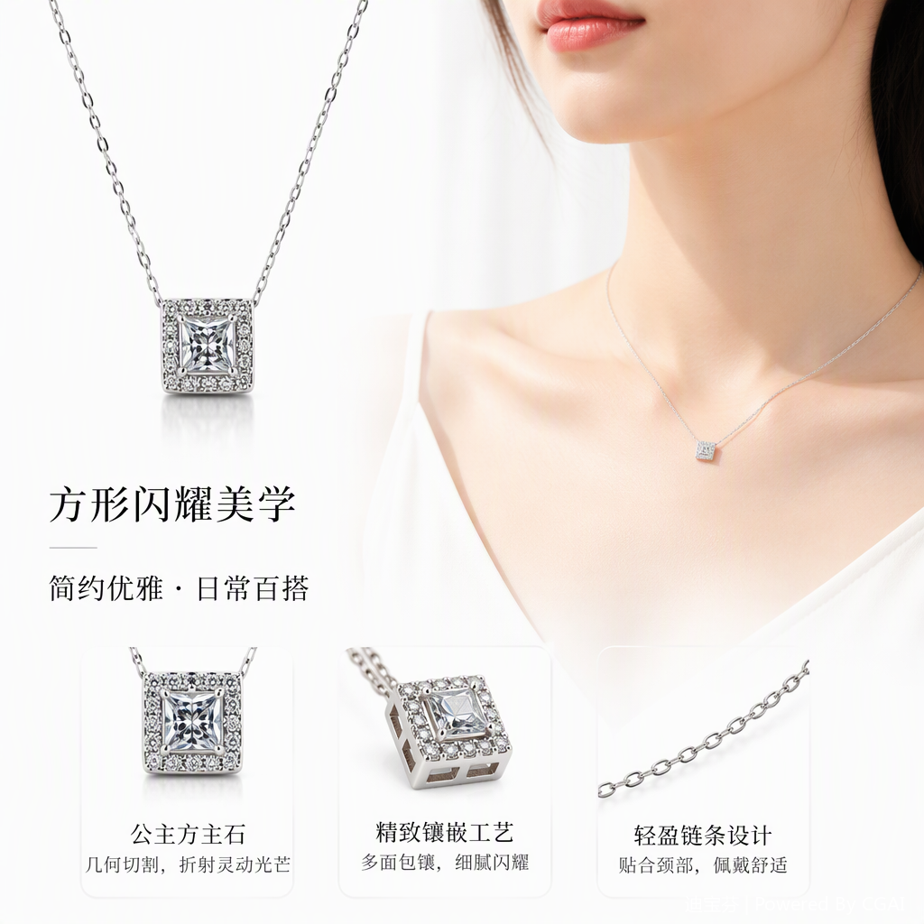 A fashionable silver necklace with a square diamond-encrusted pendant, a simple and versatile women's accessory, a trendy style
