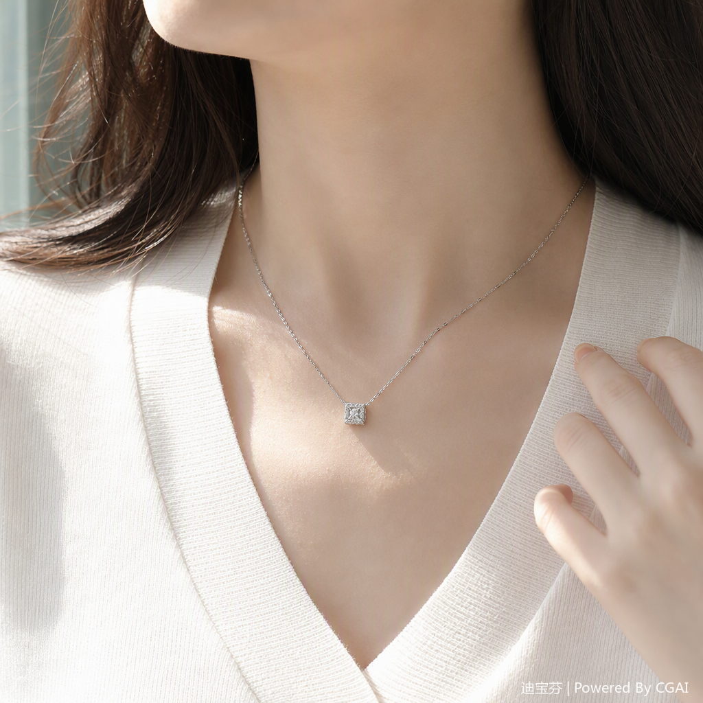 A fashionable silver necklace with a square diamond-encrusted pendant, a simple and versatile women's accessory, a trendy style details Picture
