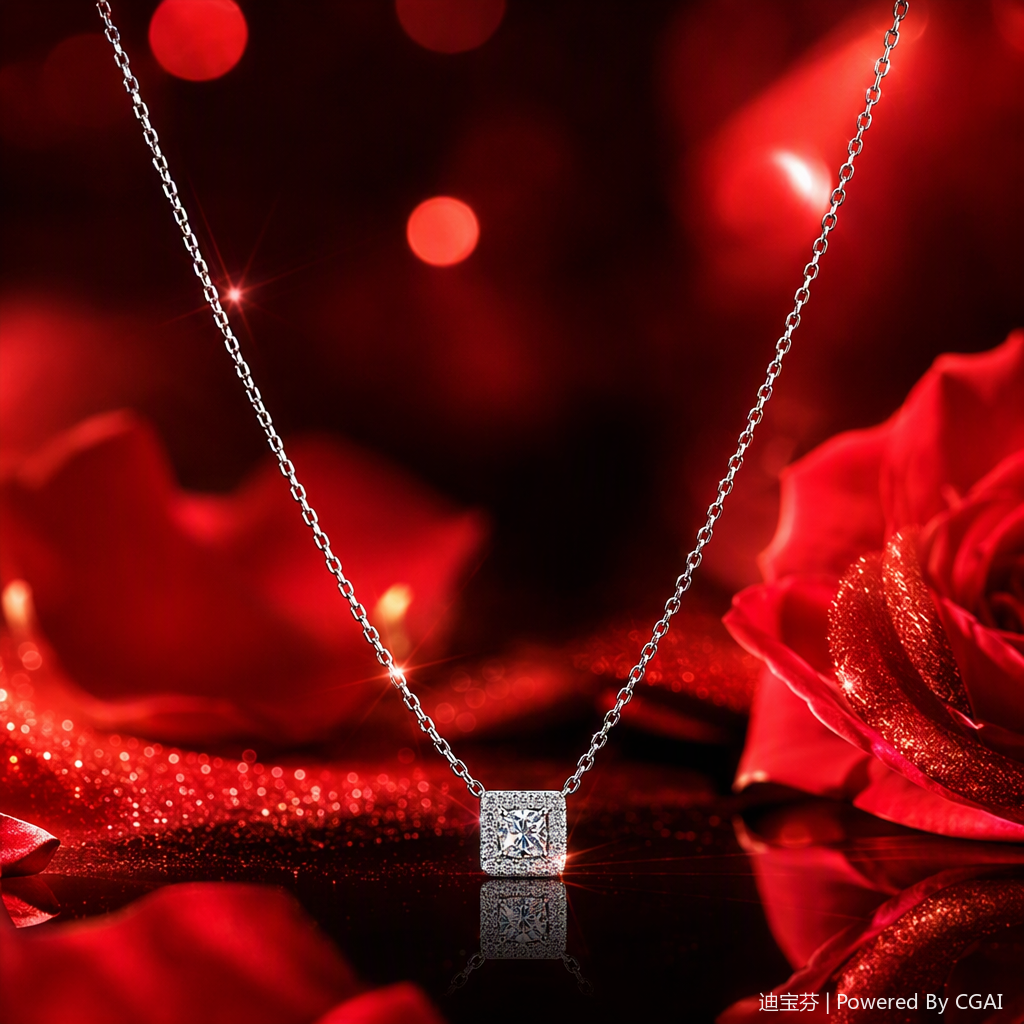 A fashionable silver necklace with a square diamond-encrusted pendant, a simple and versatile women's accessory, a trendy style Specification image
