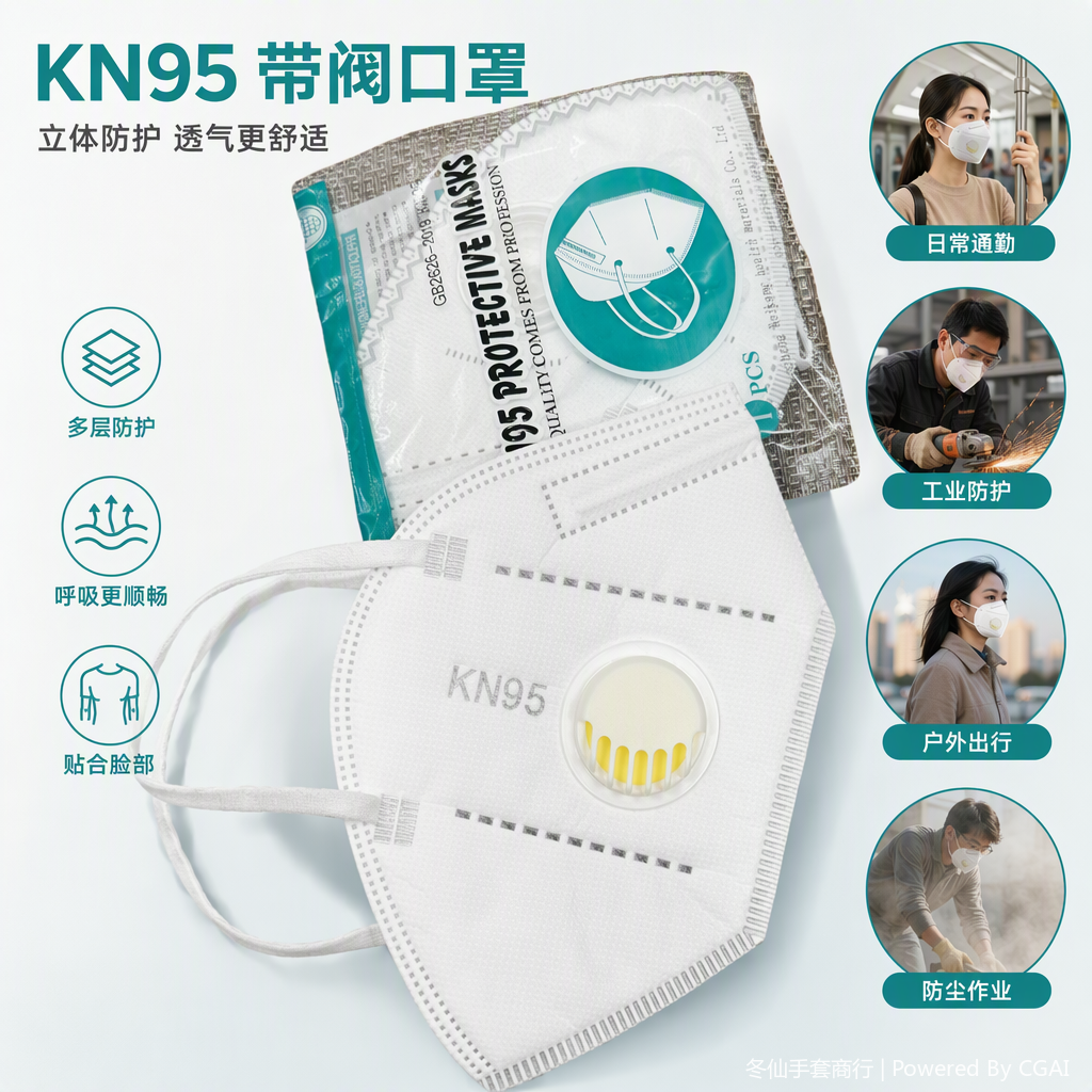 白色防护口罩带呼吸阀KN95级防尘防飞沫透气舒适包装袋标识清晰