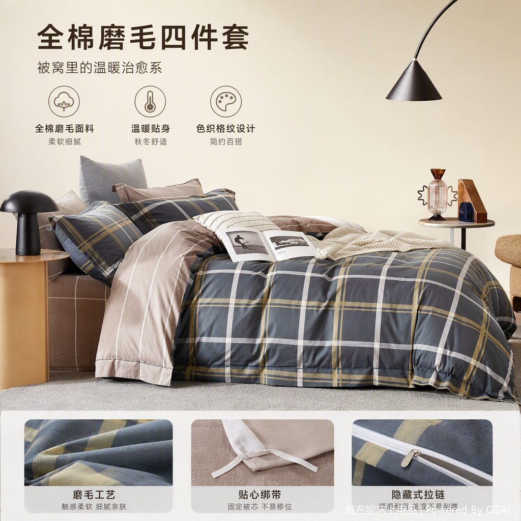 Solid color simple four-piece bedding set, all-cotton bed sheets, duvet covers, bedding set for bedroom home use, comfortable and durable