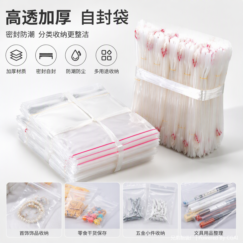 耐撕防潮塑料自封袋密封包装袋家用食品收纳袋多规格50只装