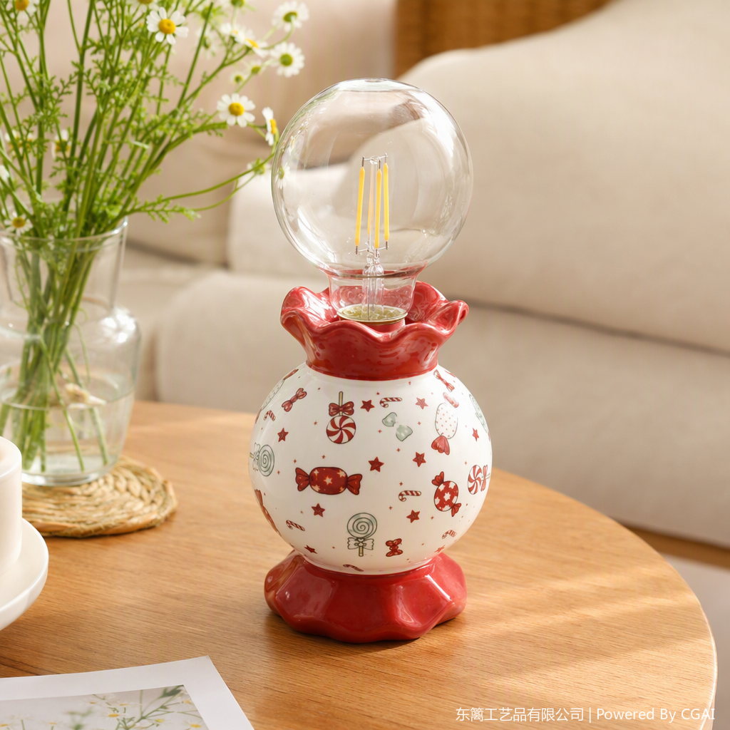 The base with red lace and white candy patterns, decorated with transparent bulbs, creates a festive atmosphere and provides warm home lighting details Picture