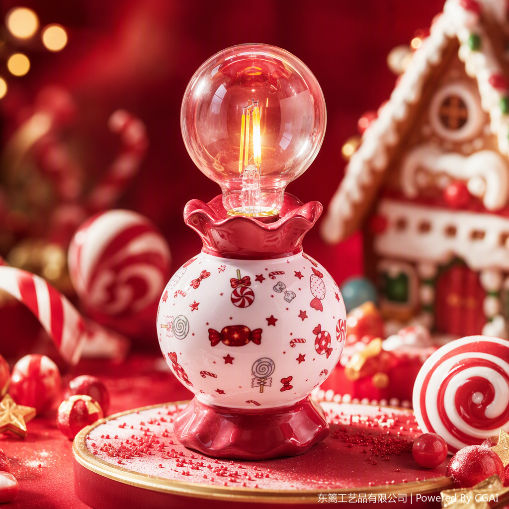 The base with red lace and white candy patterns, decorated with transparent bulbs, creates a festive atmosphere and provides warm home lighting Specification image