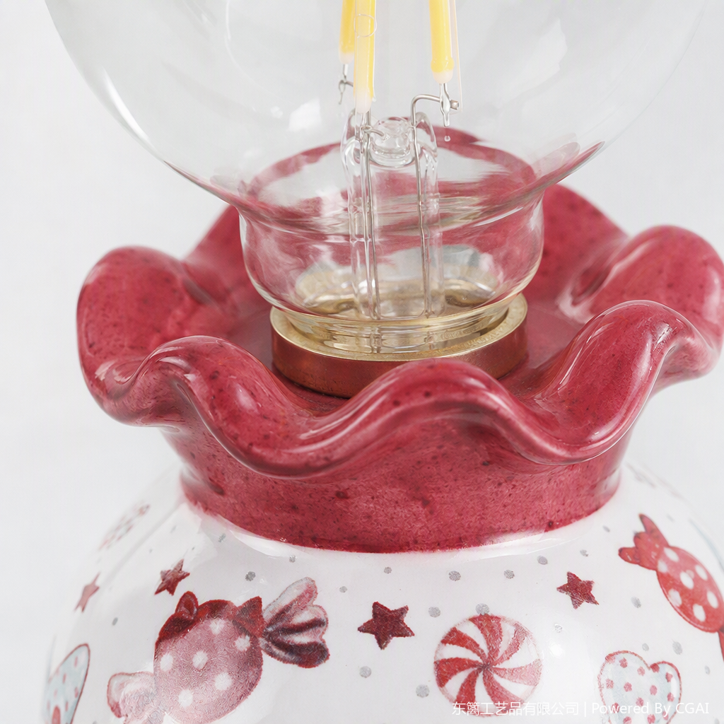 The base with red lace and white candy patterns, decorated with transparent bulbs, creates a festive atmosphere and provides warm home lighting Application Scenario