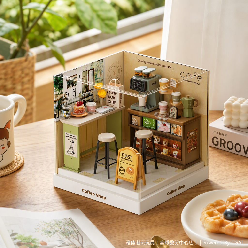 A multi-functional hand-cranked coffee machine in a coffee shop, a small house, and creative coffee supplies assembly details Picture