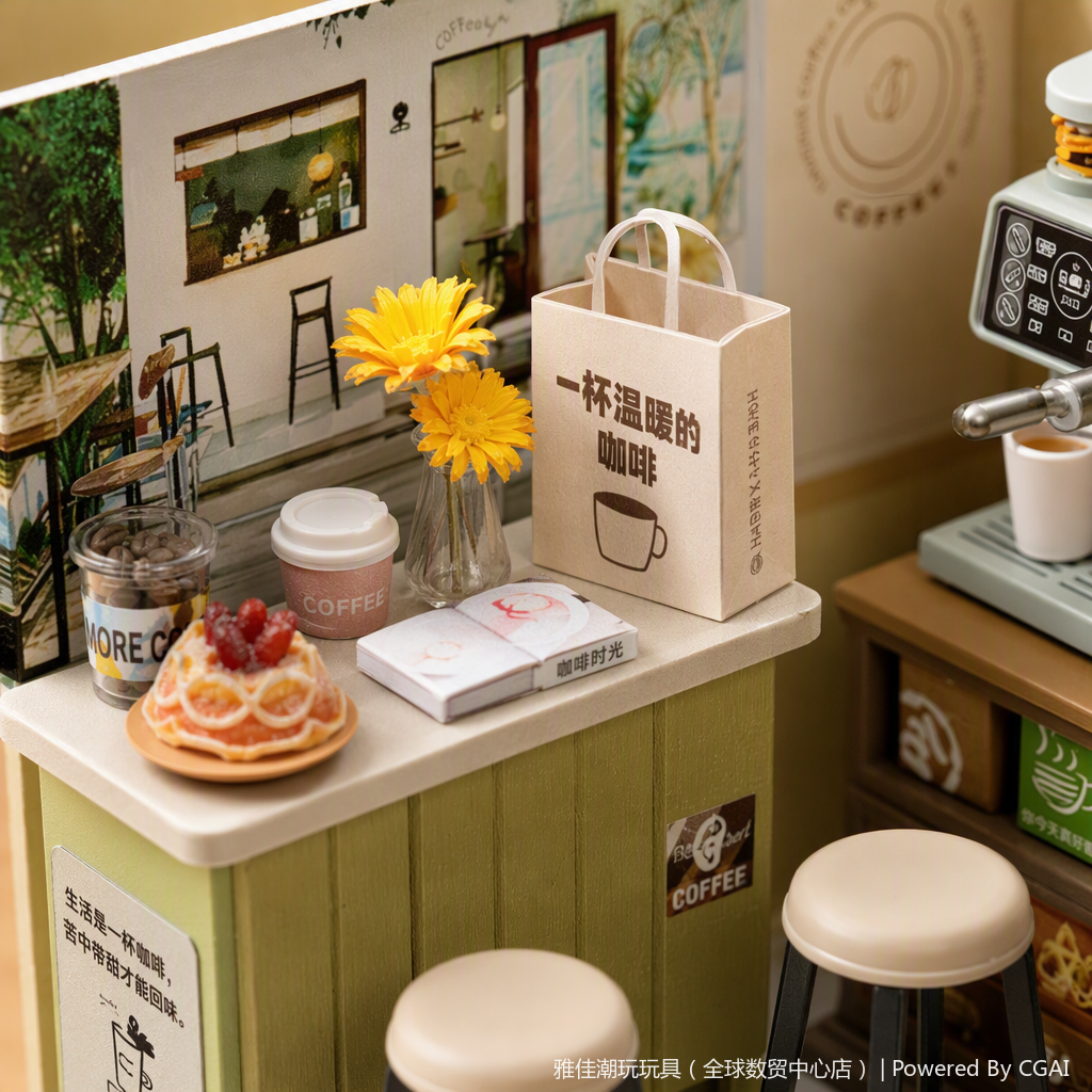 A multi-functional hand-cranked coffee machine in a coffee shop, a small house, and creative coffee supplies assembly Application Scenario