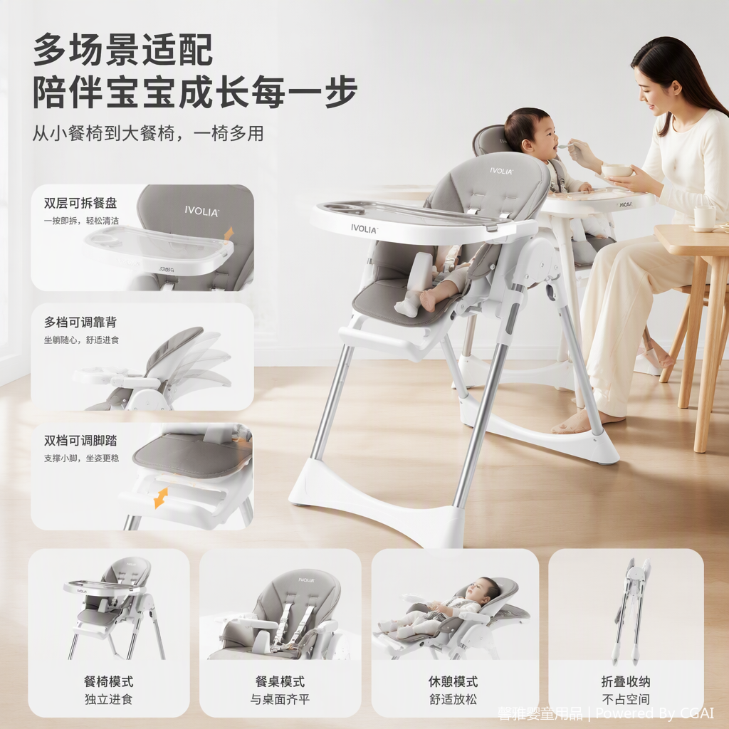 Multi-functional children's high chair, adjustable safety seat for babies, infant dining chair, toddler seat with plates Specification image