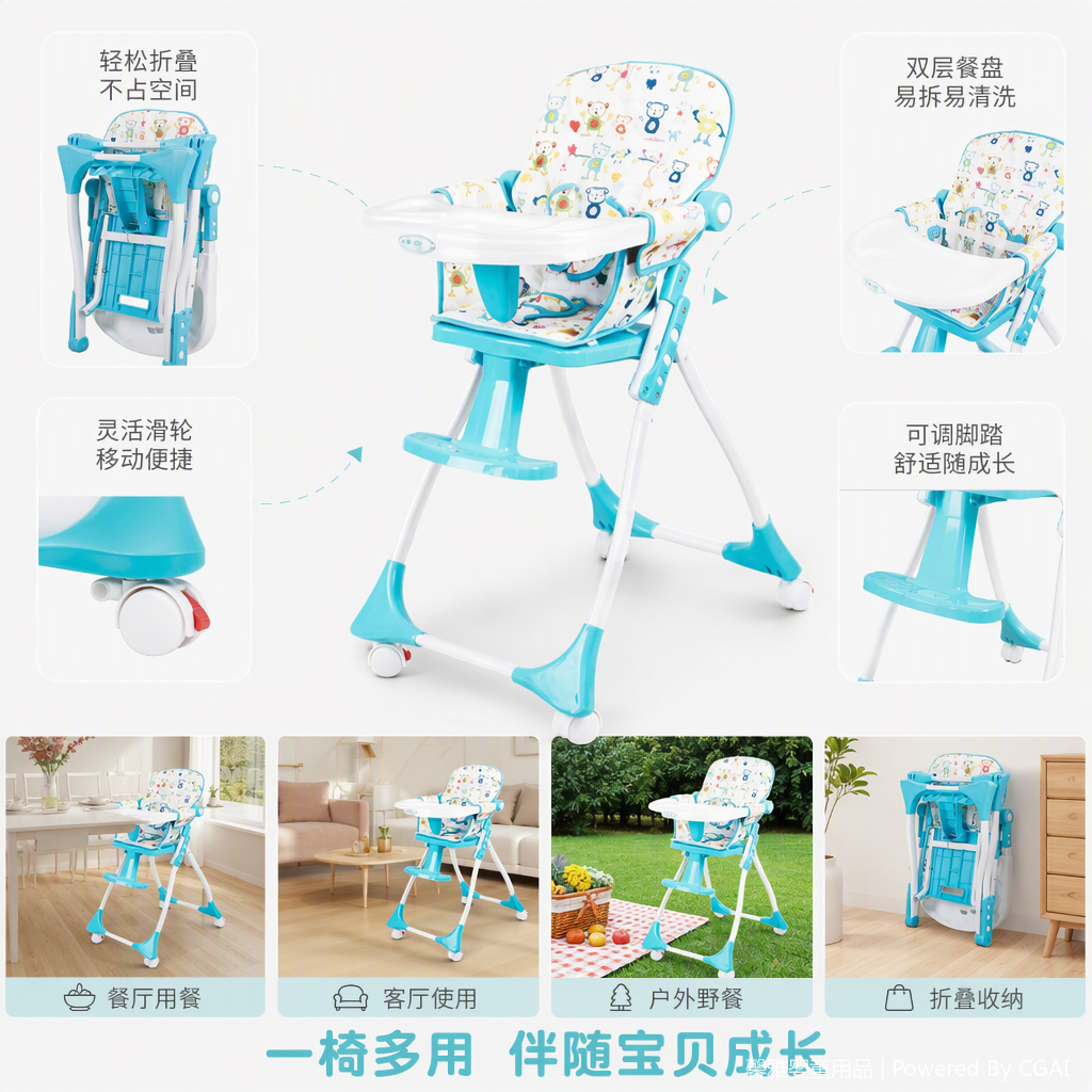 The multi-functional children's high chair can be adjusted. It is a safe and comfortable dining aid for infants and toddlers details Picture