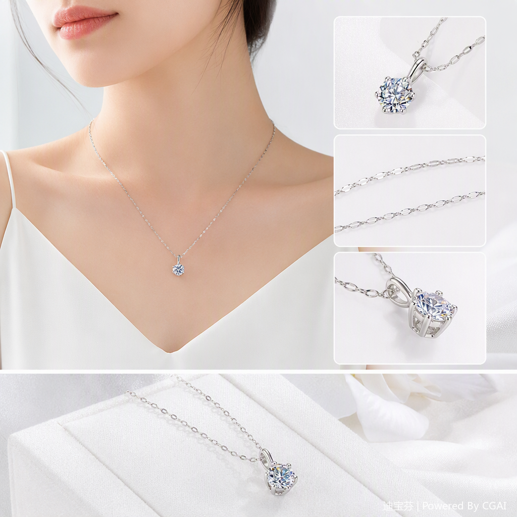 A simple and versatile women's accessory with a fashionable silver chain necklace and a single brilliant diamond pendant