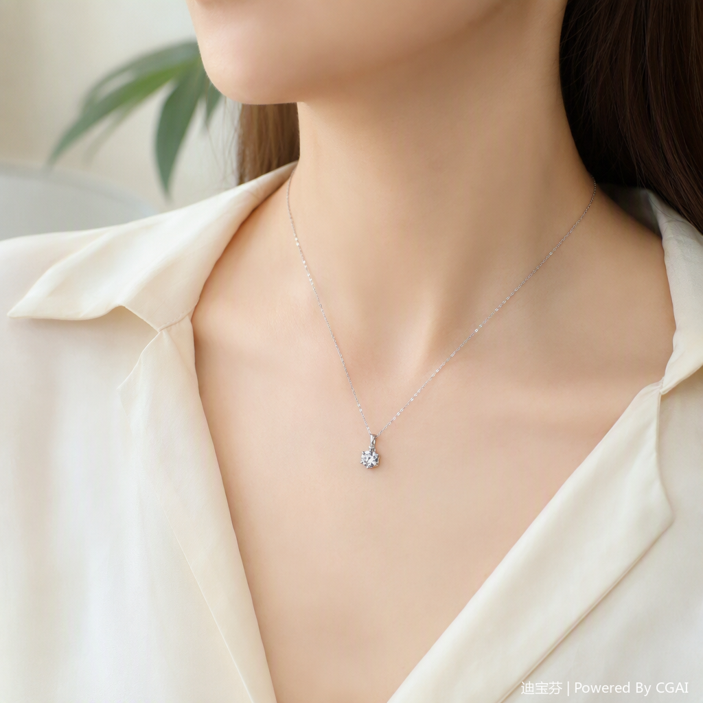 A simple and versatile women's accessory with a fashionable silver chain necklace and a single brilliant diamond pendant details Picture