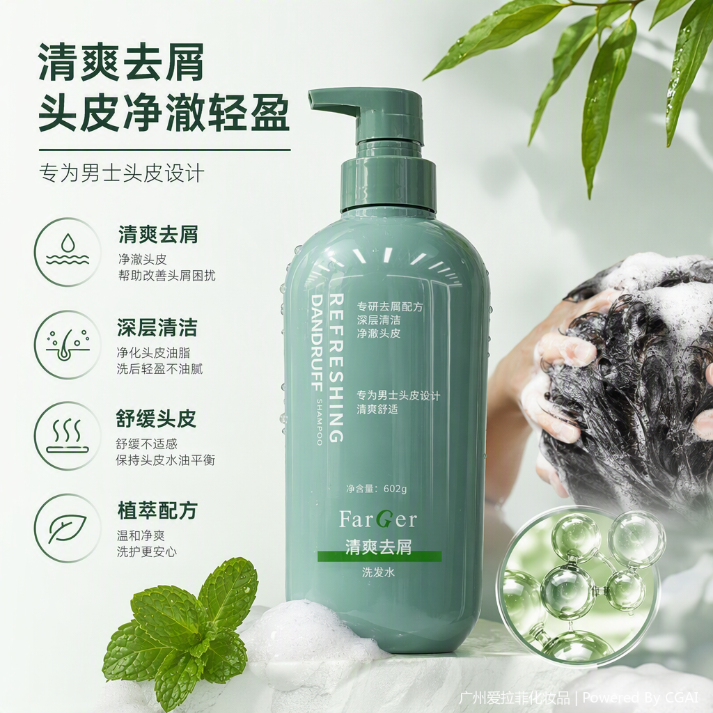 Dandruff-removing, volumizing, and moisturizing shampoo. 