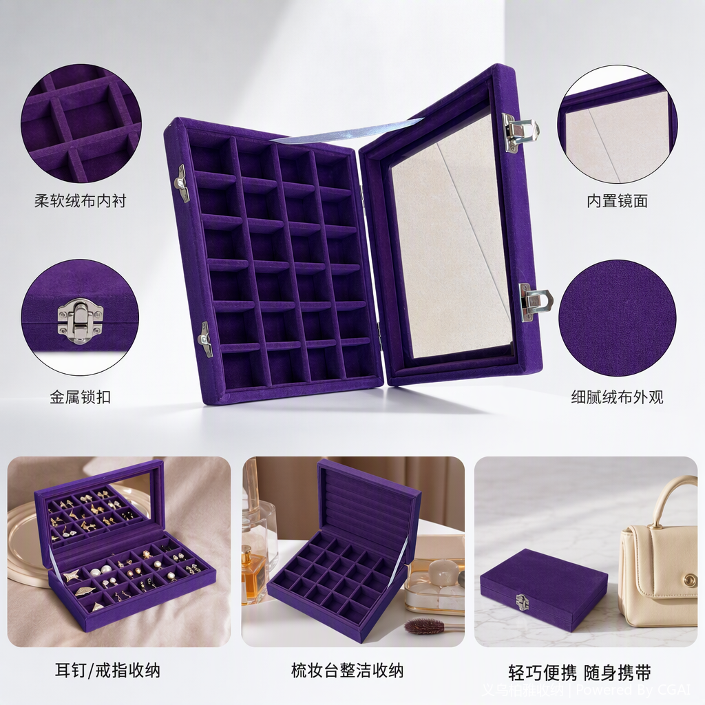 Caja de joyas de lana negra caja de almacenamiento de alto grado organizador de joyas multicapa para mujeres caja de lana púrpura caja de accesorios caja de colección