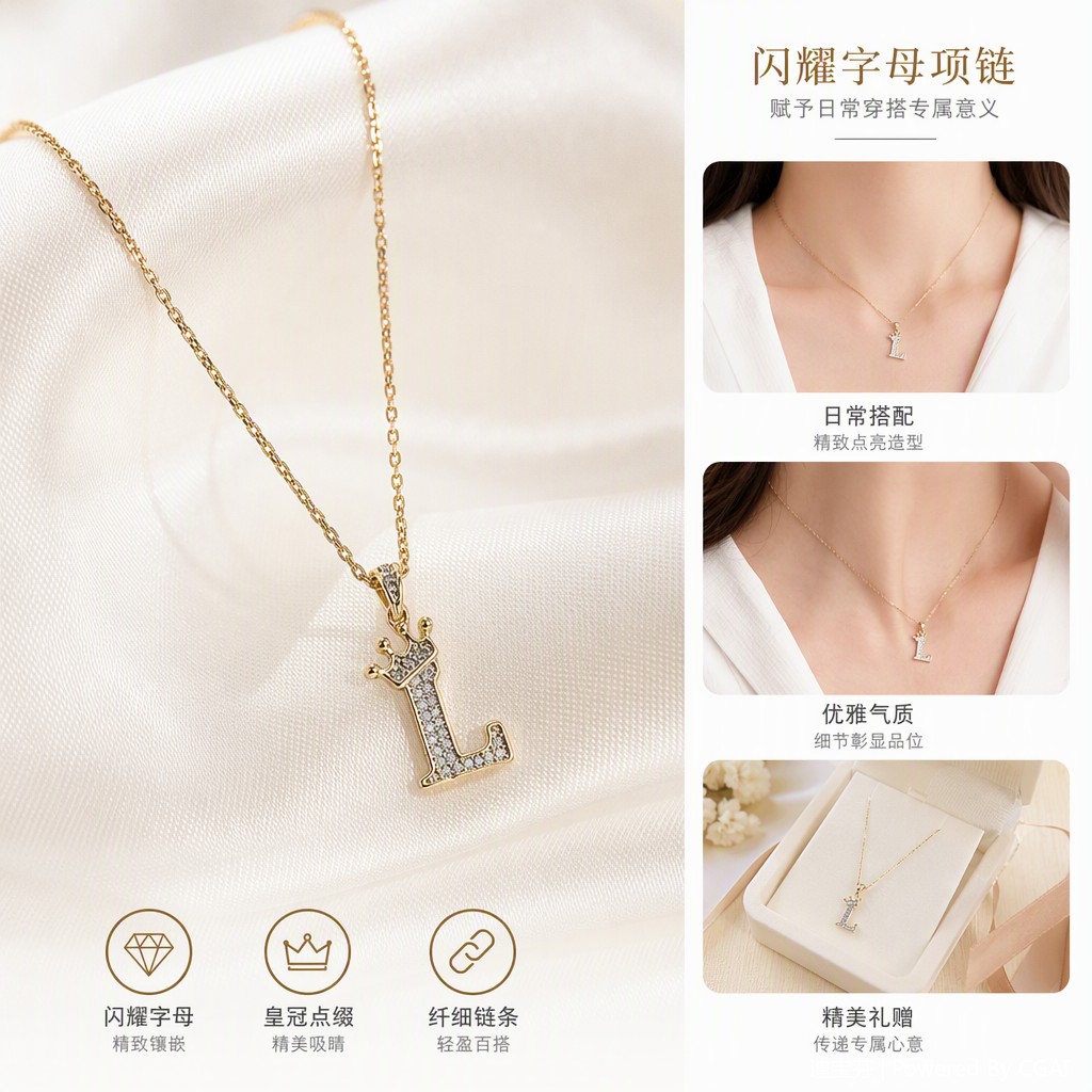 Fashionable golden chain necklace, letter L pendant, crown decoration, simple and versatile women's accessory