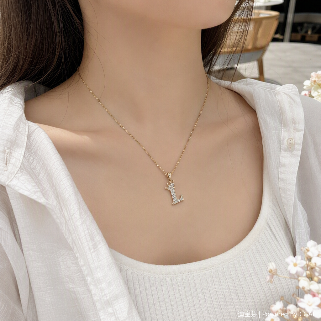 Fashionable golden chain necklace, letter L pendant, crown decoration, simple and versatile women's accessory details Picture