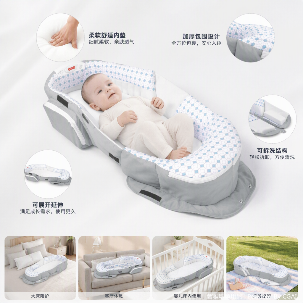 The multi-functional baby bed, stroller, shoulder strap and seat combination baby and maternal products are safe, comfortable and suitable for a wide range of ages Specification image