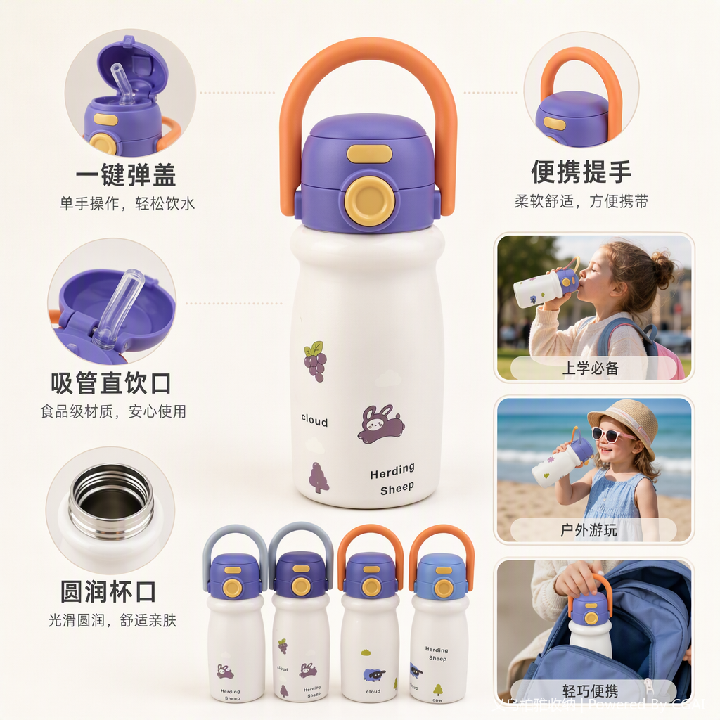 Colorful handle insulated cup, large-capacity stainless steel portable student thermos, colorful and fashionable