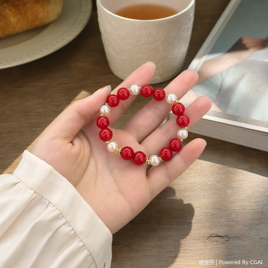 Perlas rojas de moda con pulsera de perlas para mujeres versión coreana simple retro temperamento mano tendencia con accesorios details Picture