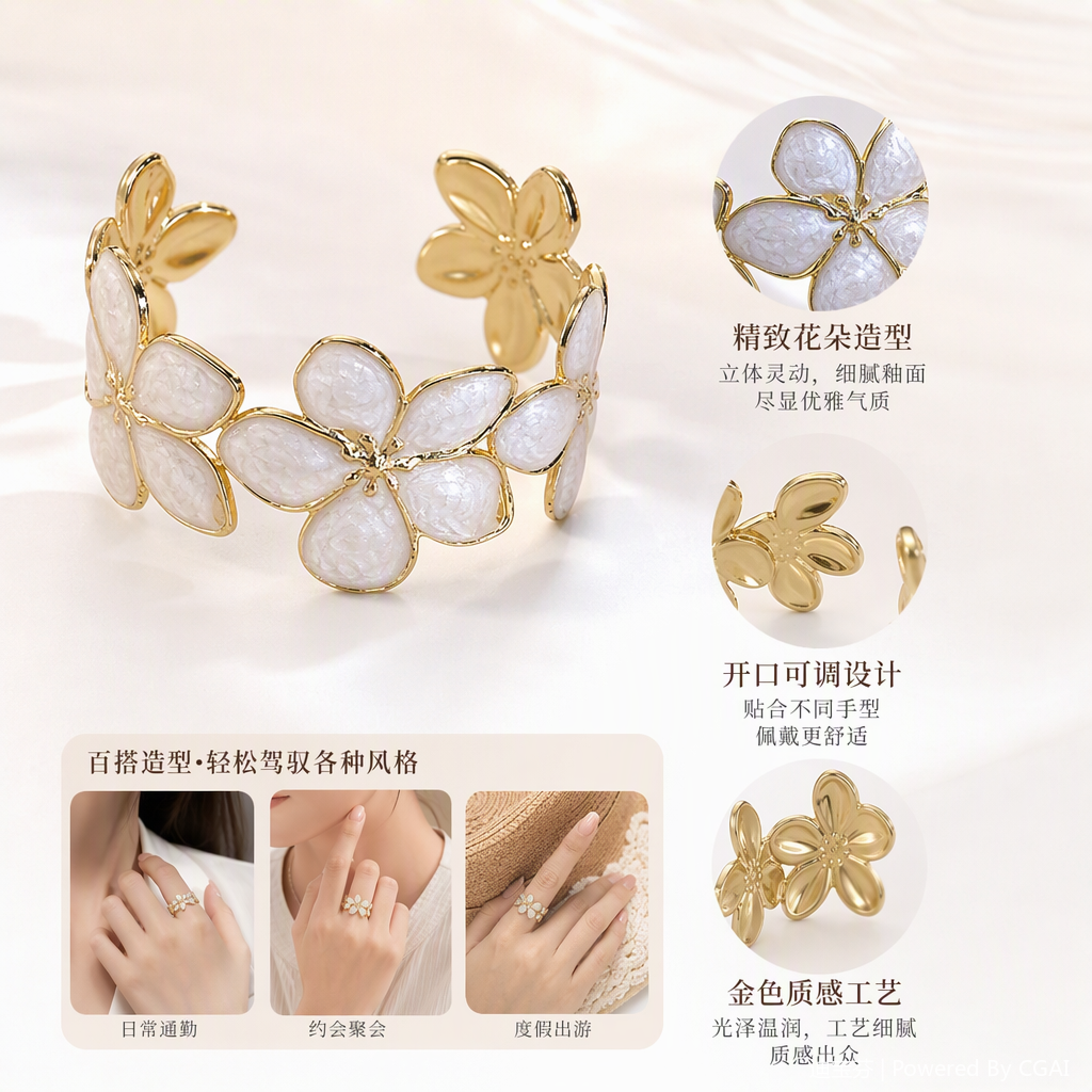 Anillos de flores doradas con pétalos blancos incrustados moda y elegancia accesorios para mujer versátiles accesorios de tendencia