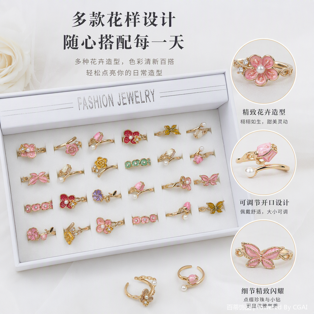 白色首饰盒中多款彩色花卉蝴蝶造型金色戒指展示精美时尚饰品搭配礼物佳选
