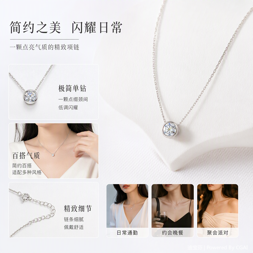 A fashionable silver necklace with a round transparent gemstone set in the center, a simple and versatile women's accessory, a trendy style