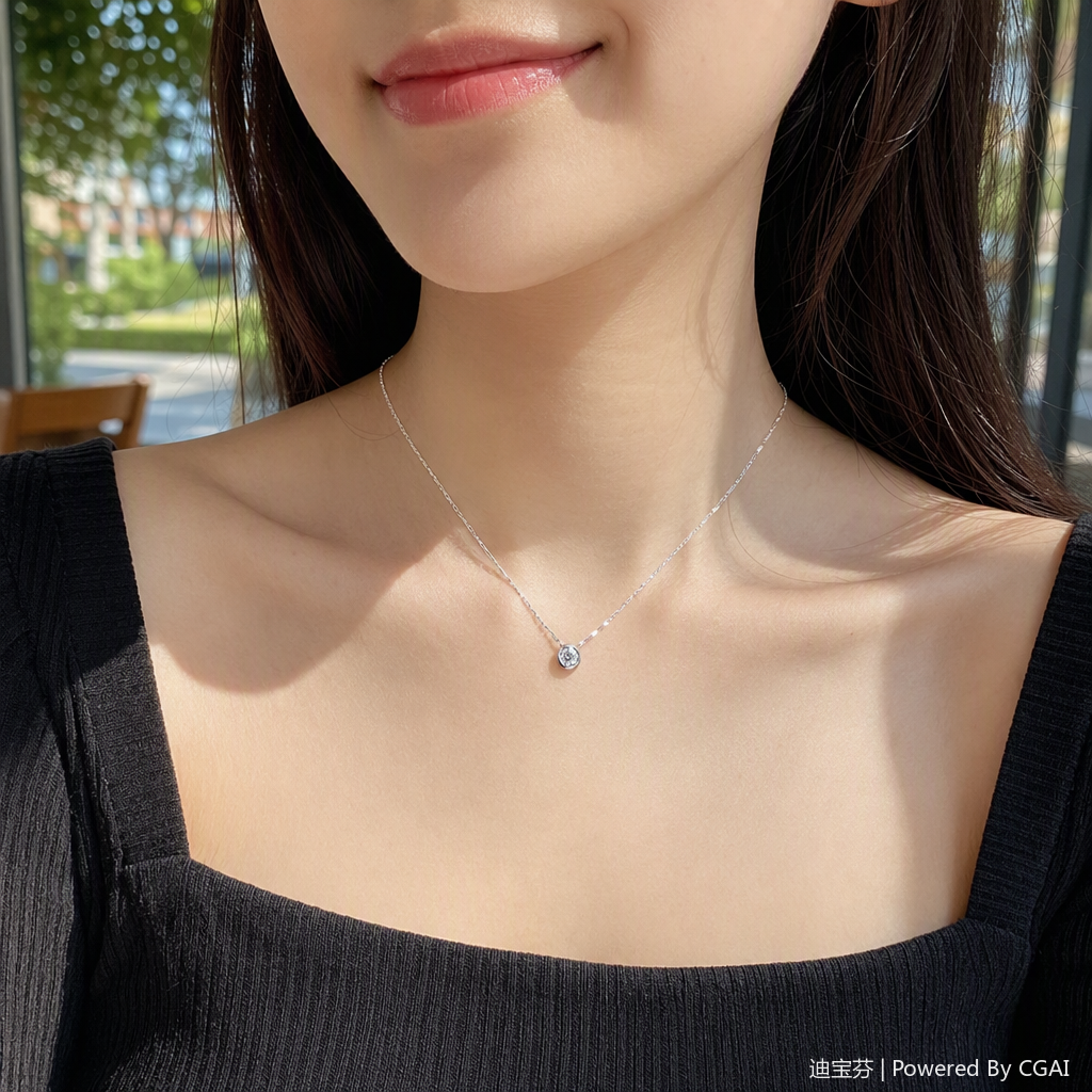 A fashionable silver necklace with a round transparent gemstone set in the center, a simple and versatile women's accessory, a trendy style details Picture