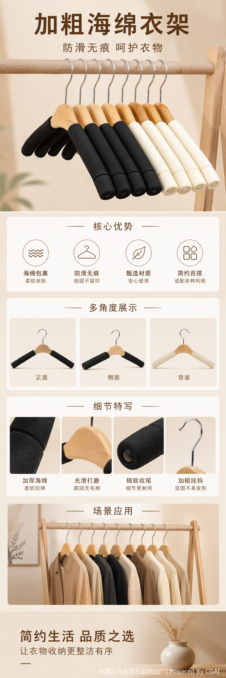 实木衣架防滑套加粗海绵套装衣柜挂衣架衣服夹子防滑防变形详情1