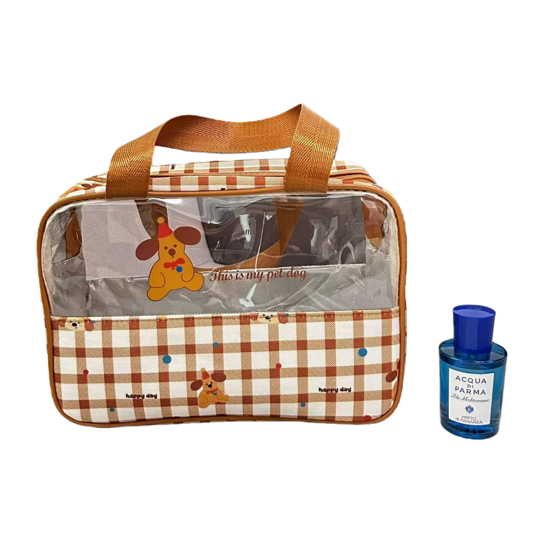 Cute little dog checkered handbag, transparent PVC visible pocket, aluminum foil inner liner, large capacity lunch box bag, portable picnic preservation bag, rice bag Application Scenario