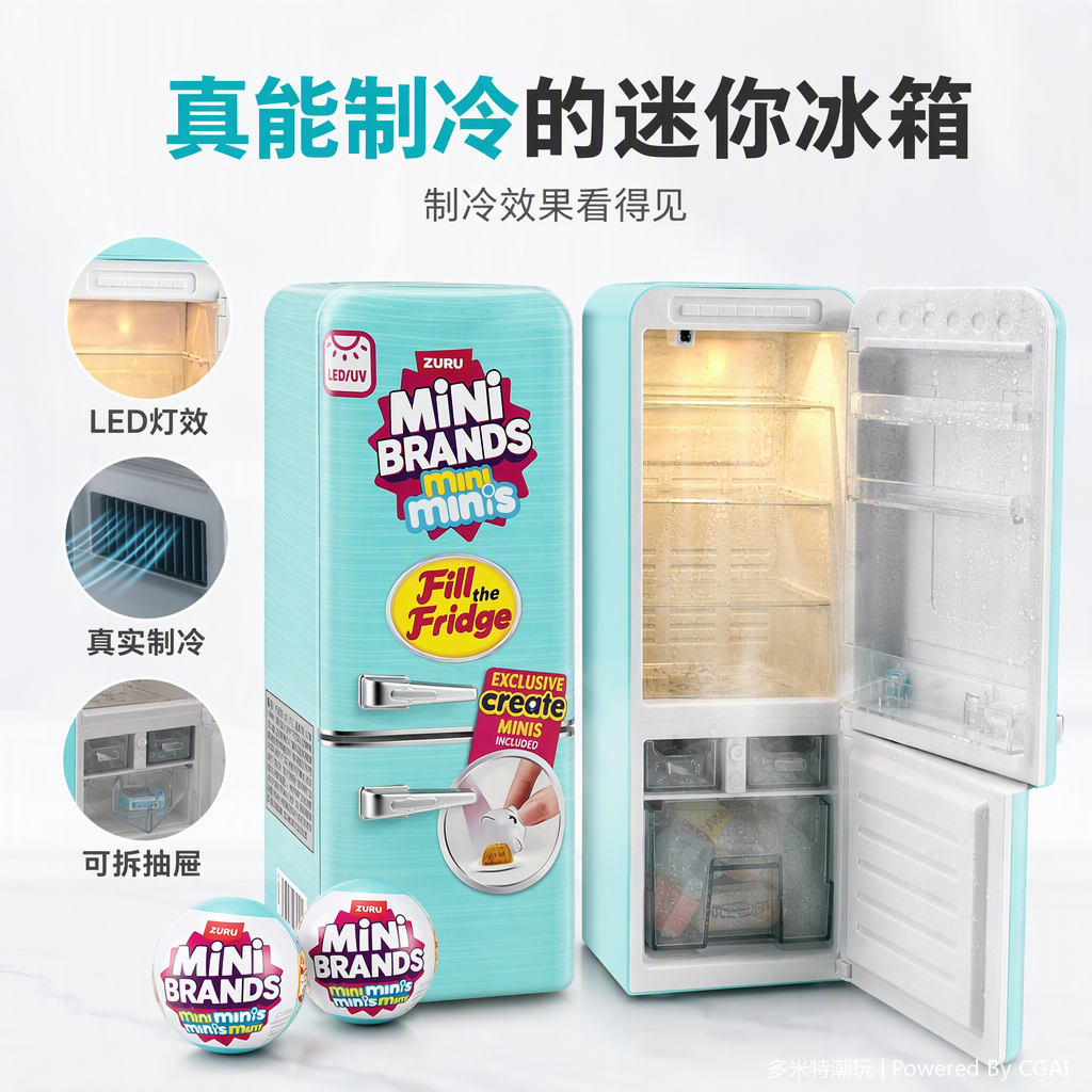 Mini fridge toy, mint green portable mini kitchen model, children's early education gift, collection and decoration