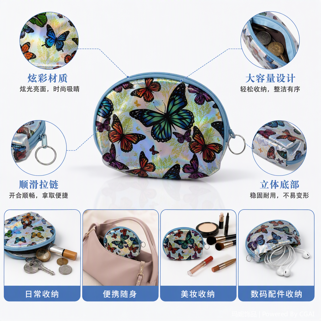 多彩蝴蝶图案亮面收纳包时尚便携整理包收纳袋多用途收纳袋女款家用旅行用品