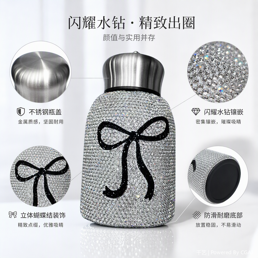 银色镶钻水杯水钻闪耀中央蝴蝶结金属盖时尚创意礼品