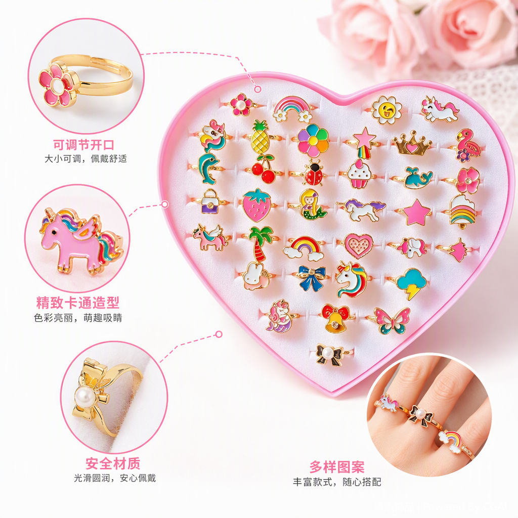 粉色心形戒指盒多彩卡通儿童戒指展示收纳饰品礼盒创意可爱款