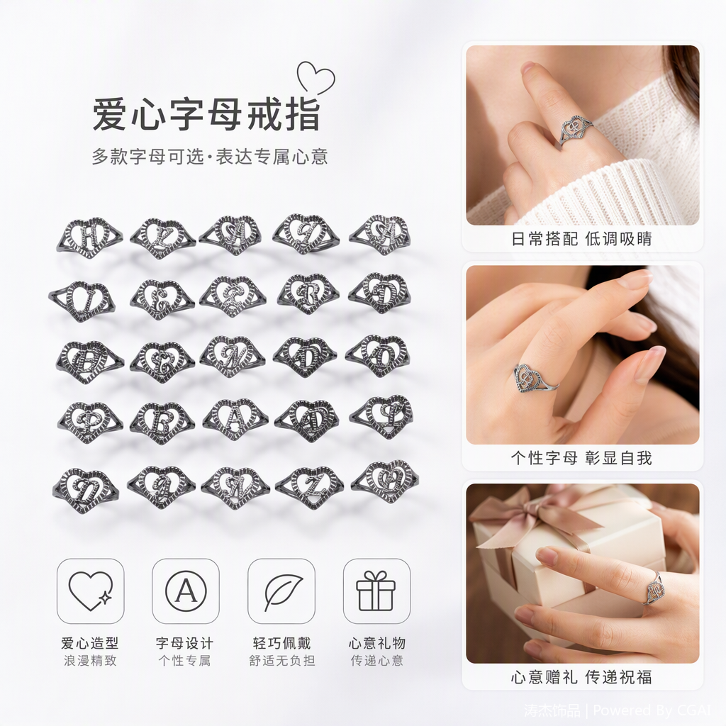 银色心形字母戒指展示盒首饰收纳盒时尚简约收纳盒子礼品包装盒