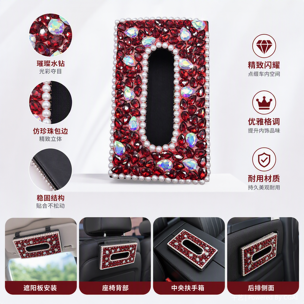红色镶钻珍珠装饰字母O造型纸巾盒时尚创意家居收纳用品礼品装饰品