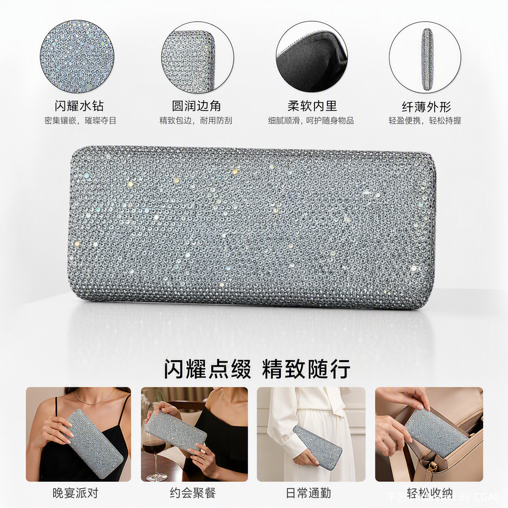 时尚银色水钻钱包女士手拿包多卡位零钱包潮流百搭休闲款