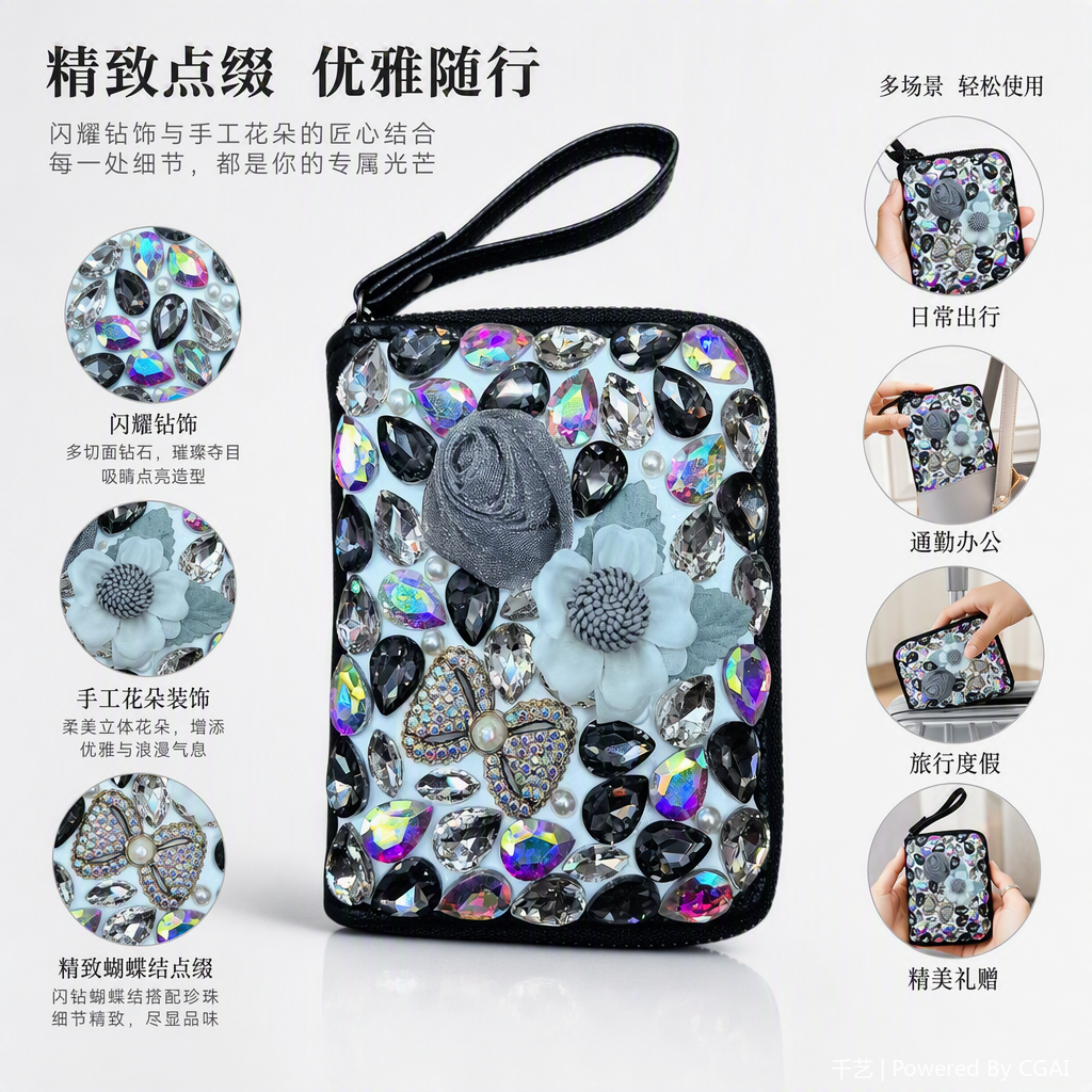时尚黑色手拿包镶嵌彩钻花朵装饰优雅女包手持包包潮流百搭款